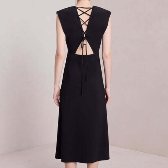 A.L.C.  Amelie Open Back Lace-Up Midi Dress Black 4 - Picture 1 of 5